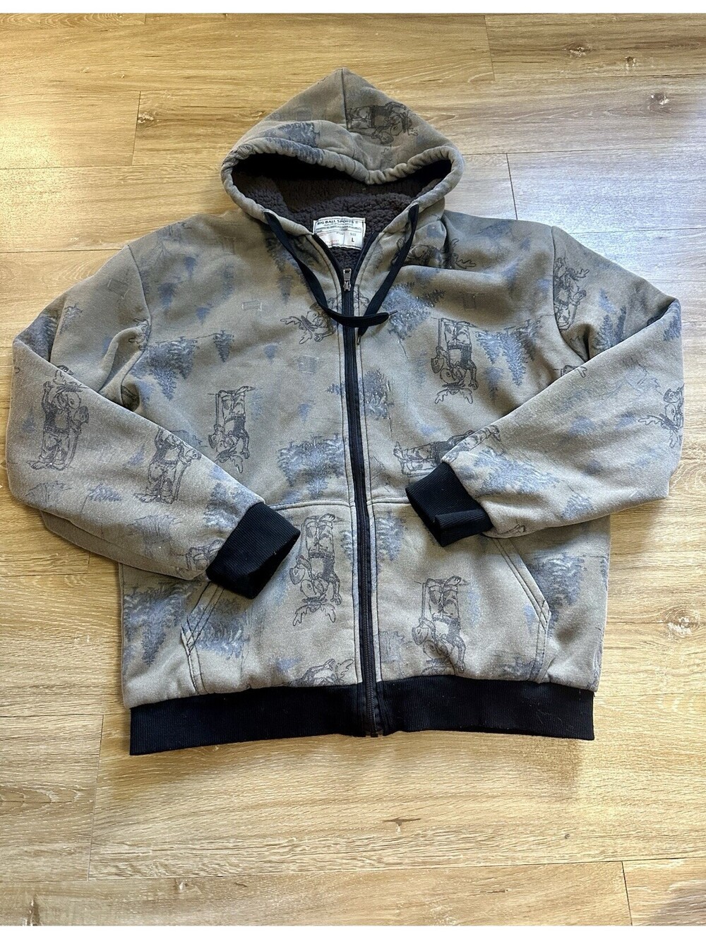 Vtg BIG BALL SPORTS Jackets Mens L Hood Full Zip Fleece Sherpa Lined Fuzzy Moose